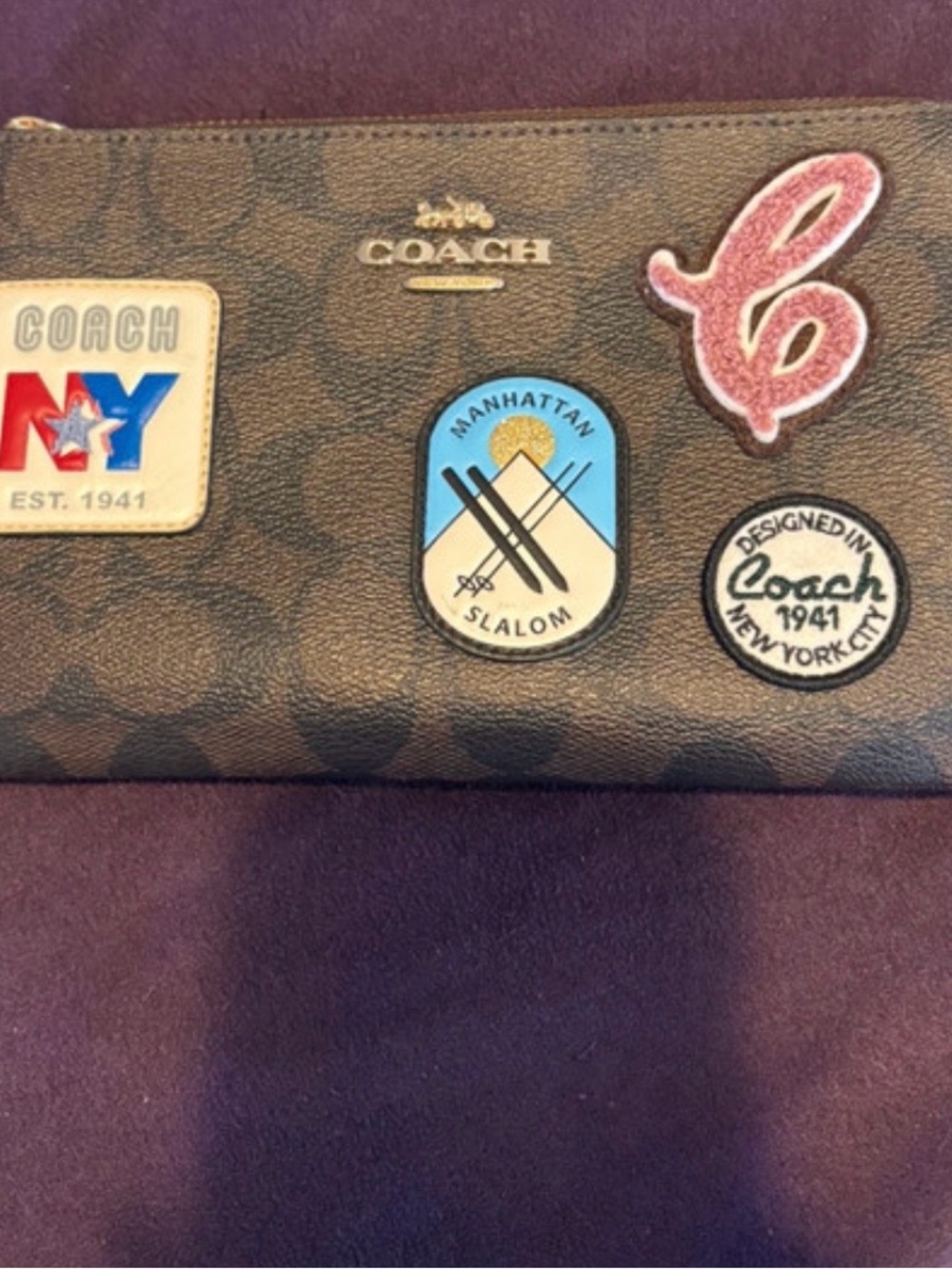 Coach Brown Signature Patch Zip Pouch with Multicolor Patches
